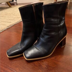 ALOHAS Black Leather Square-Toe Block Heel Ankle Boots with Tan Trim